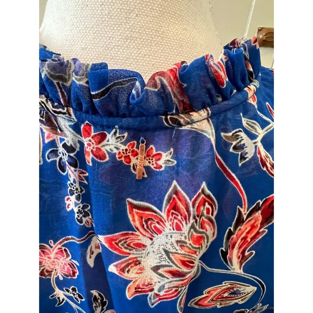 Misa LA Dominque Chiffon Smocked Tiered Mini Dress Blue Floral Print M